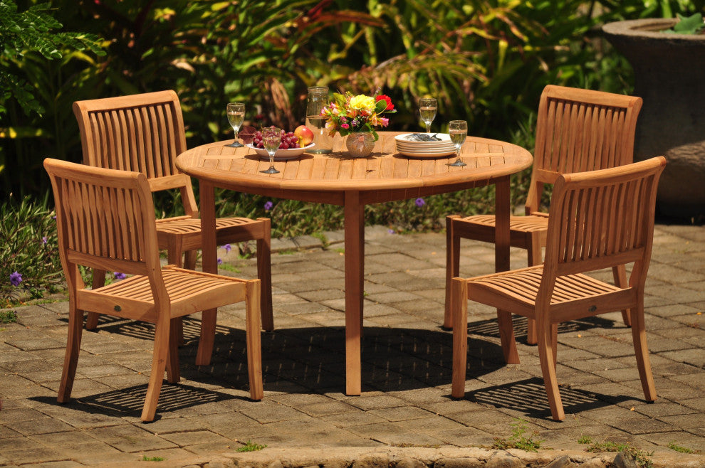 5-Piece Outdoor Teak Dining Set, 48" Round Table, 4 Arbor Stacking Chairs