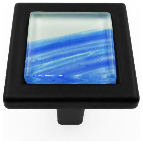 Hand Brushed Blue Tilted Stroke Crystal Glass Black Metal Square Manor Knob