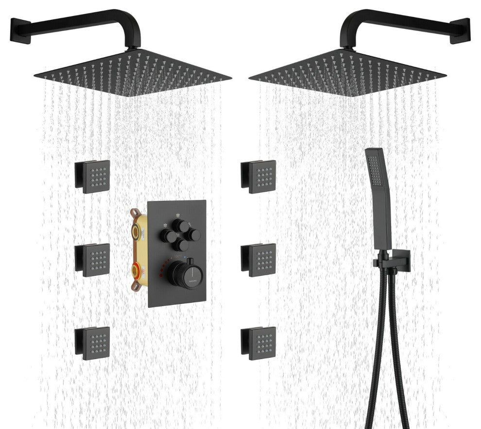 12" Dual Heads Shower System with 4 Way Thermostatic Faucet, Matte Black