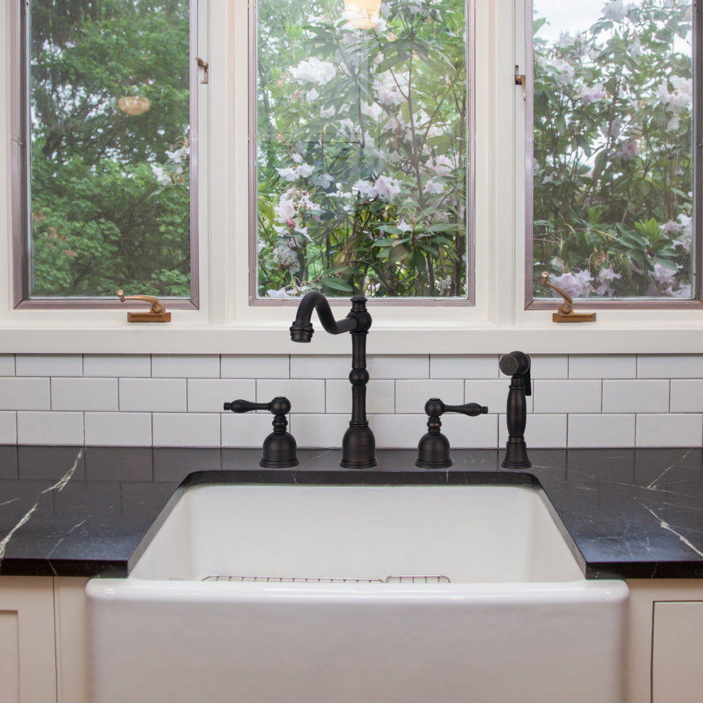 Two-Handles Copper Widespread Kitchen Faucet with Side Sprayer, Oil Rubbed Bronze