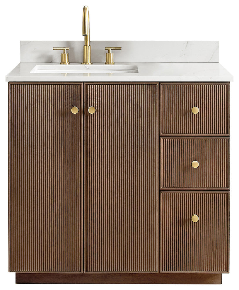Oza Bath Vanity with Quartz Stone Top, Aged Dark Brown Oak, 36", Single Vanity, No Mirror