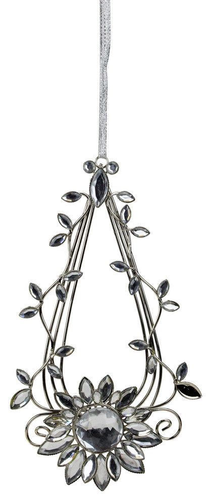 Elegant Silver Flower Jeweled Teardrop Christmas Ornament, 7"