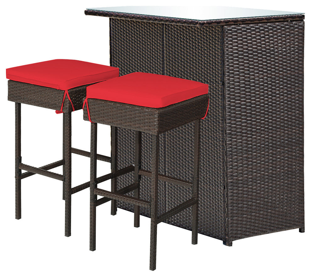 Costway 3PCS Patio Rattan Bar Table Stools Dining Set Cushioned Chairs Red