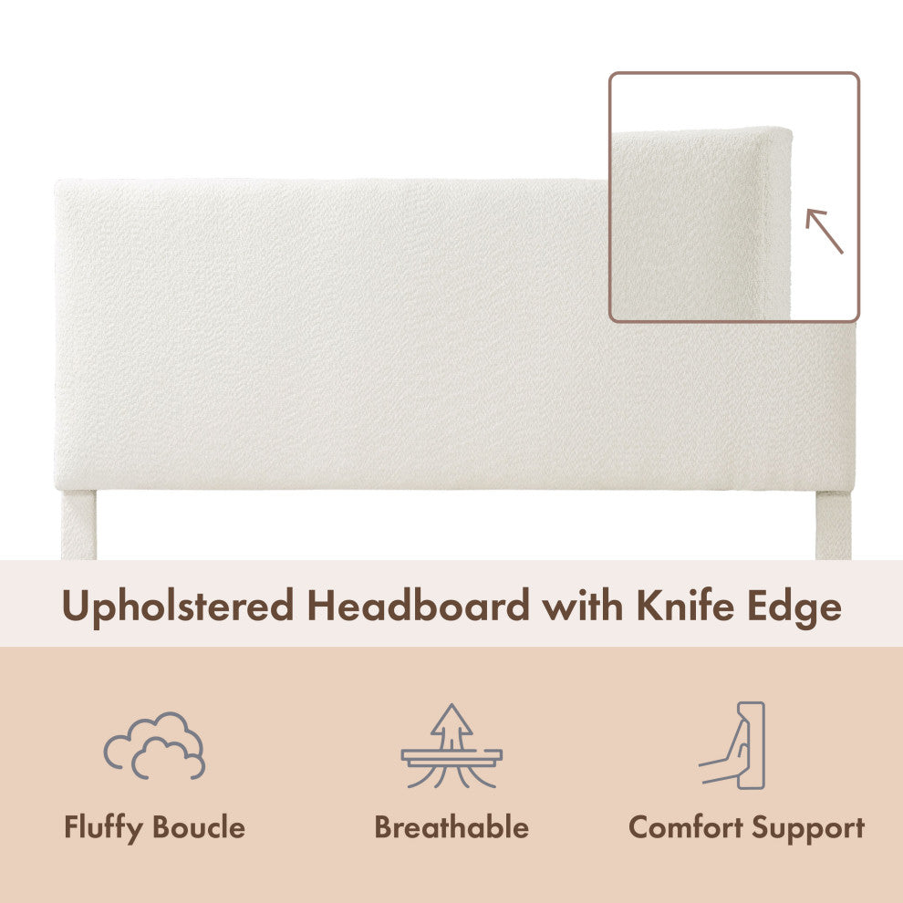 Miles White Boucle Upholstered Wood Frame Platform Bed, Queen, Simple Standard