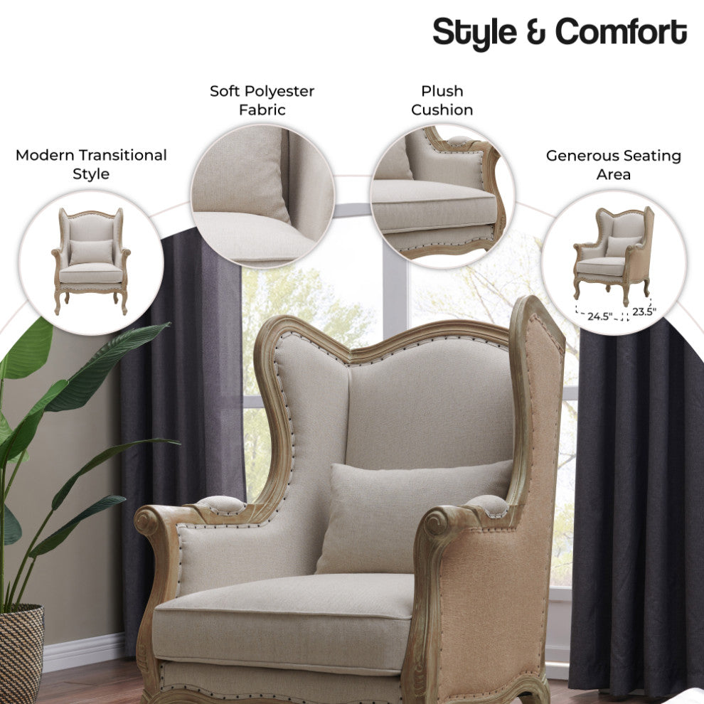 Guinevere Wingback Chair, Light Sand and Burlap