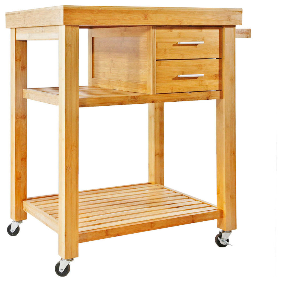 Rolling Bamboo Wood Kitchen Island Cart Trolley, Cabinet w/ Towel Rack & Drawers