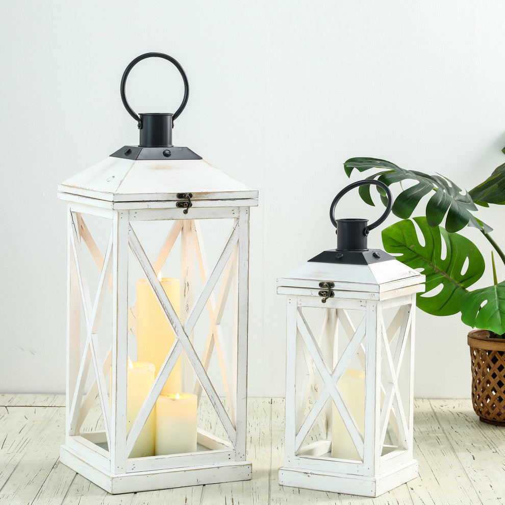 Set of 2 Farmhouse Wooden Lantern, White
