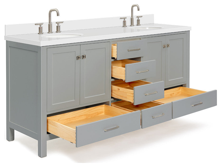 ARIEL Cambridge 73" Double Oval Sink Bathroom Vanity Grey with Quartz Top