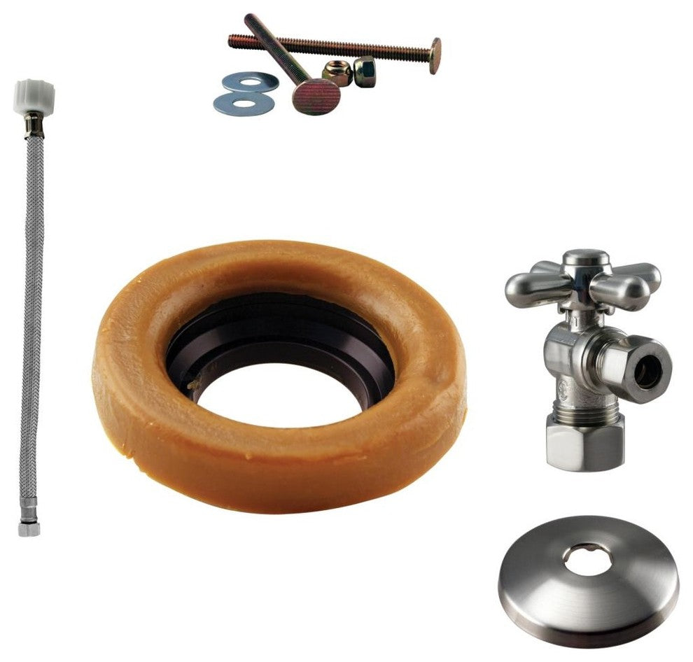 Toilet Kit With 1/4-Turn Stop And Wax Ring - Cross Handle In Satin Nickel