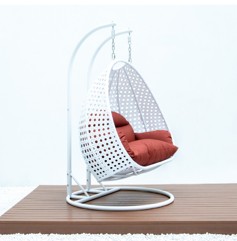 2 Person White Wicker Double Hanging Egg Swing Chair, Dark Orange