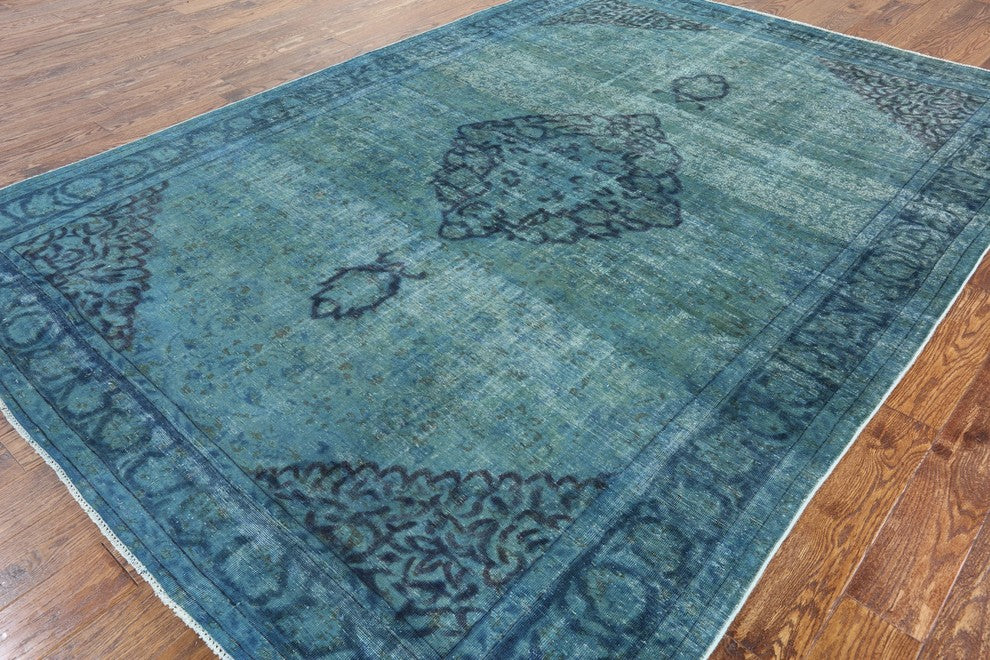 Traditional 7x10 Green Overdyed Hand Knotted Floral Oriental Wool Area Rug