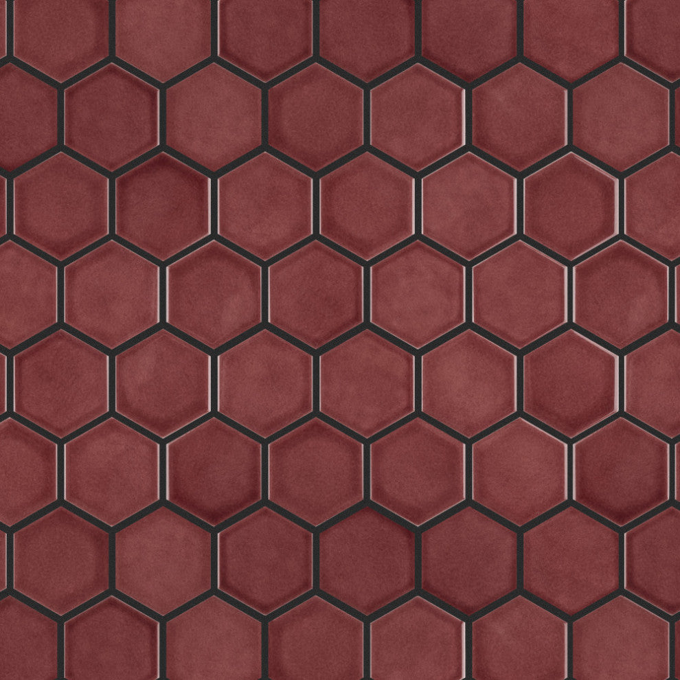 Tribeca 2" Hex Porcelain Mosaic Floor and Wall Tile, Glossy Rusty Red