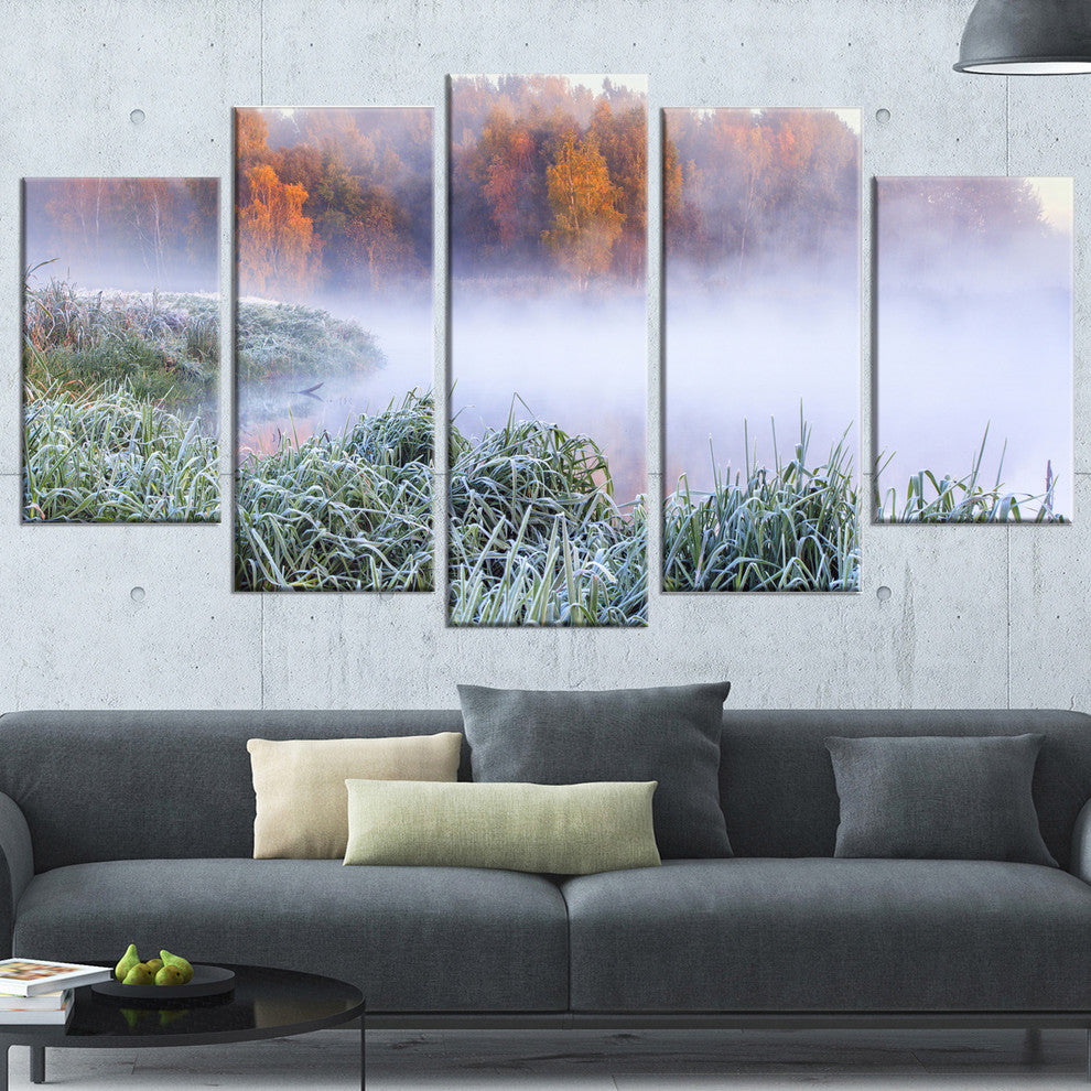"Foggy Autumn Dawn Panorama" Landscape Print Wall Artwork, 5 Panels, 60"x32"