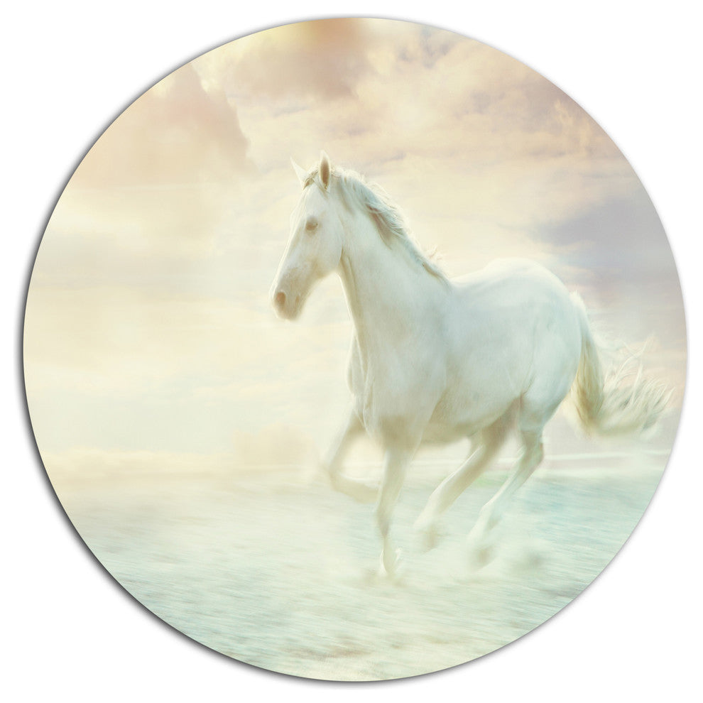 Fantasy White Horse, Modern Animal Disc Metal Wall Art, 36"