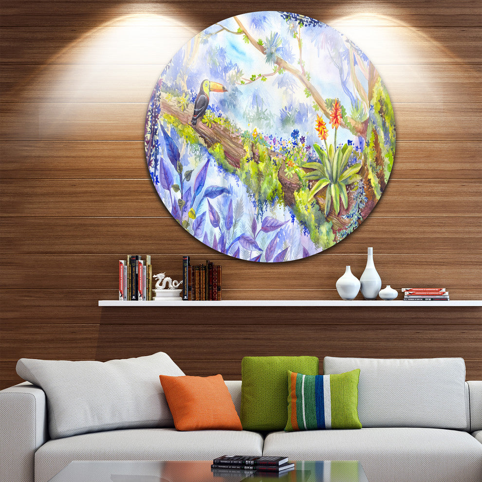 Jungle With Bird Toucan On Tree, Round Metal Wall Art Landscape, 11"