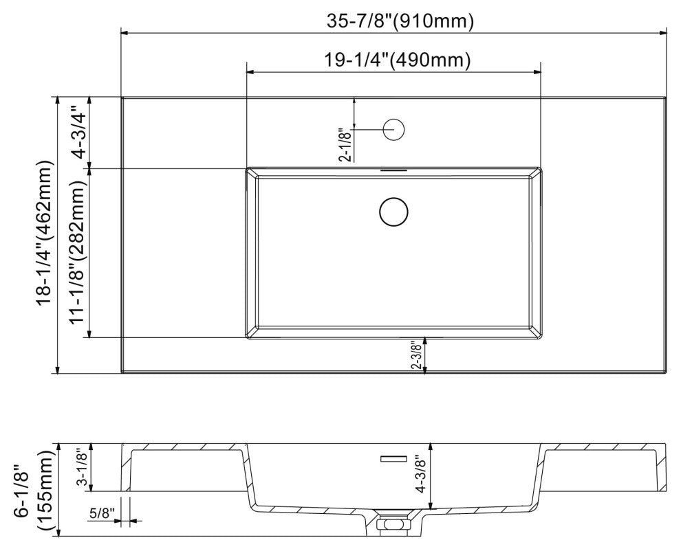 Dowell 18" FTB Resin Bathroom Vanity Basin, White, 36wx18dx6h