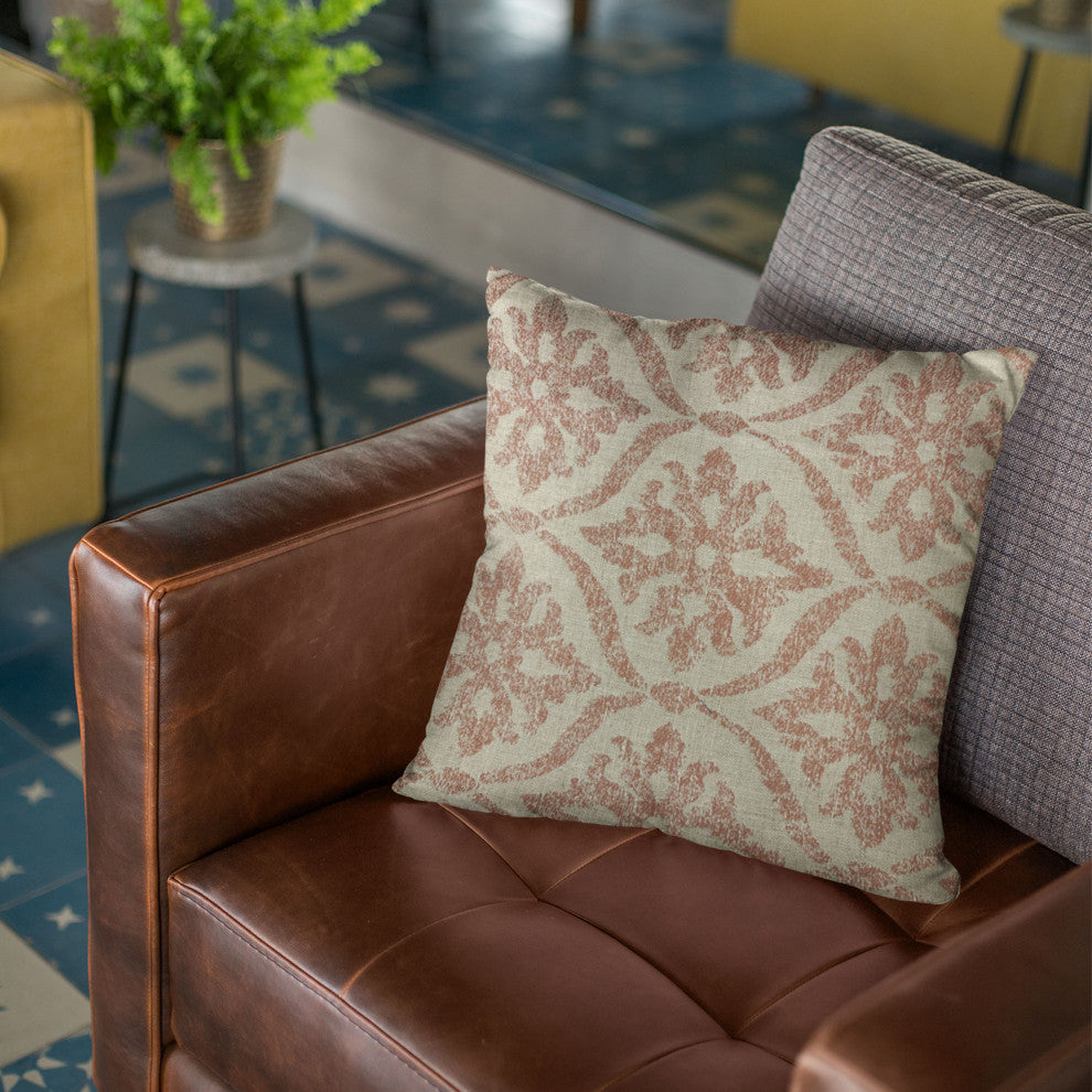 Plutus Beige Red Flowers Jacquard Luxury Throw Pillow, 12"x20"