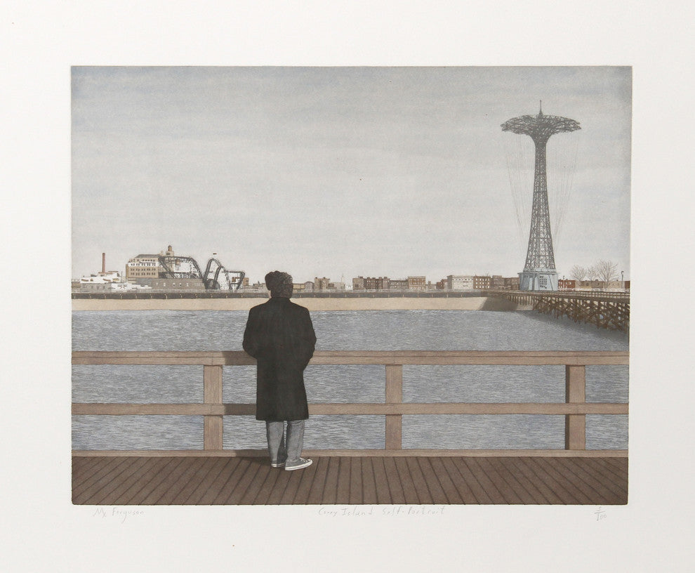 Max Ferguson "Coney Island, Self-Portrait, Color" Etching