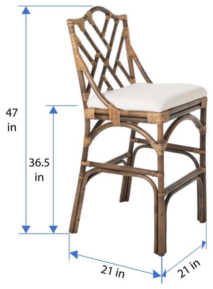 Chippendale Rattan Barstool, Antique Brown and Off-White Upholstery