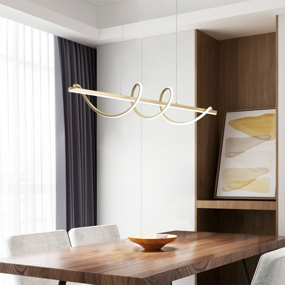 Modern Linear Wave Shape LED Pendant Lighting for Kitchen Island, Gold
