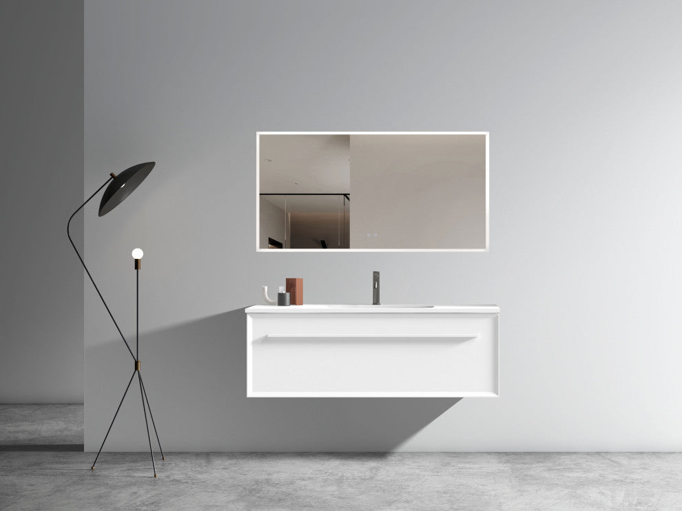 Nevia Wall Mounted Floating Bathroom Vanity with White Solid Surface Sink, 48"