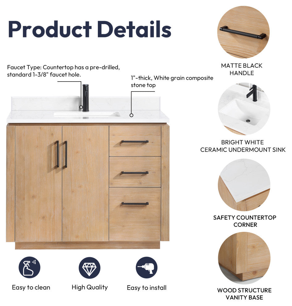 San Bath Vanity with Stone Top, Fir Wood Brown, 42", Single Vanity, No Mirror