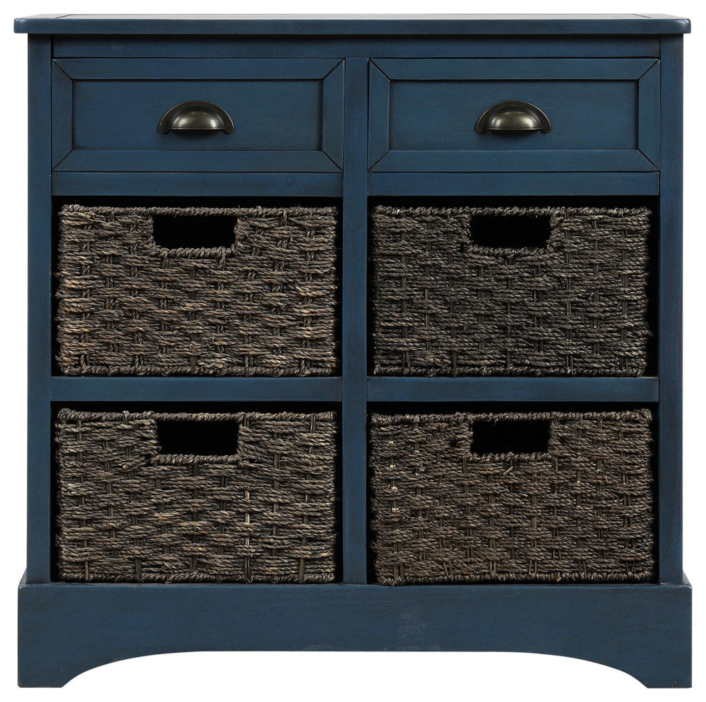 28" Wood 2 Drawers Storage Cabinet with 4 Rattan Basket, Antique Navy, 28" Tall