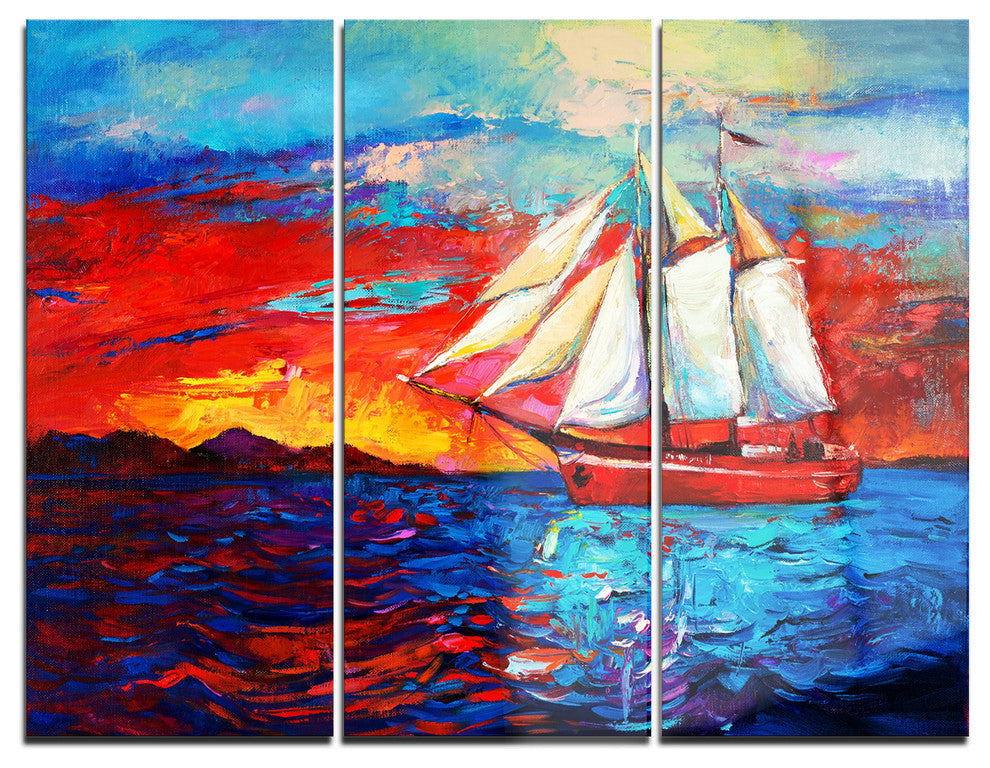 "Sail Ship During Sunset" Metal Wall Art, 3 Panels, 36"x28"