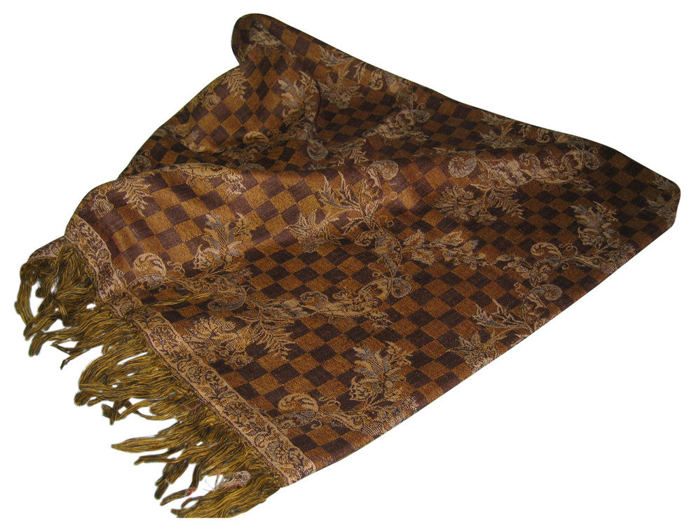 Fringe Wool Throw, Brown Check