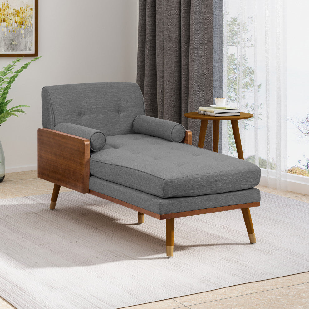 Miles Fabric Chaise Lounge, Gray and Dark Walnut