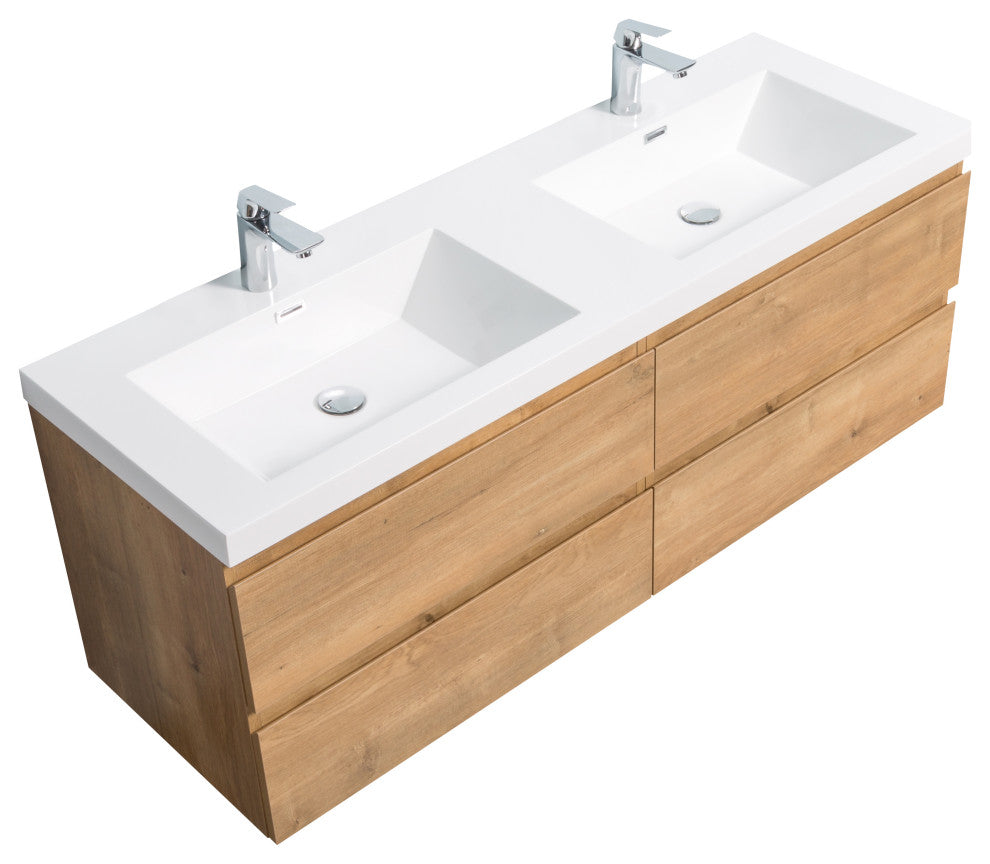 Alma-Pre 4 Drawers Wall Mount Vanity, Integrated White Sink, Natural Oak, 60"