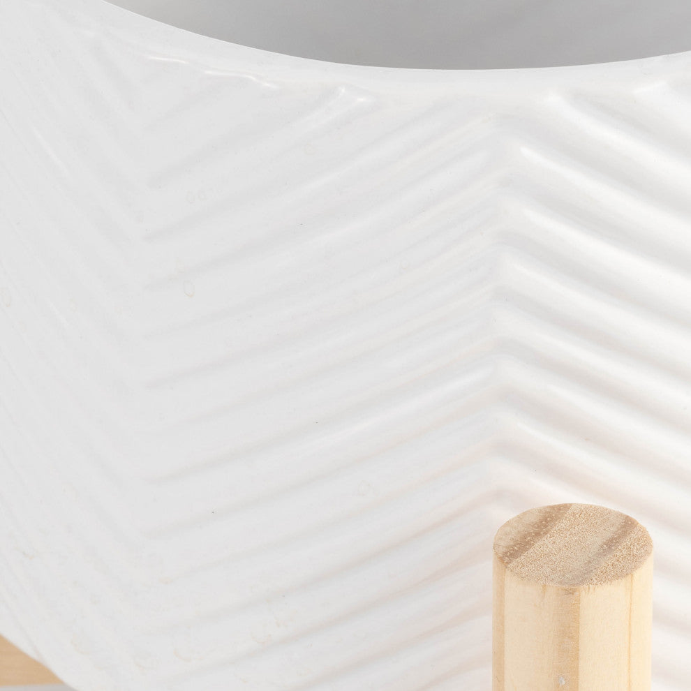 6" Ceramic Chevron Planter With Wood Stand, White