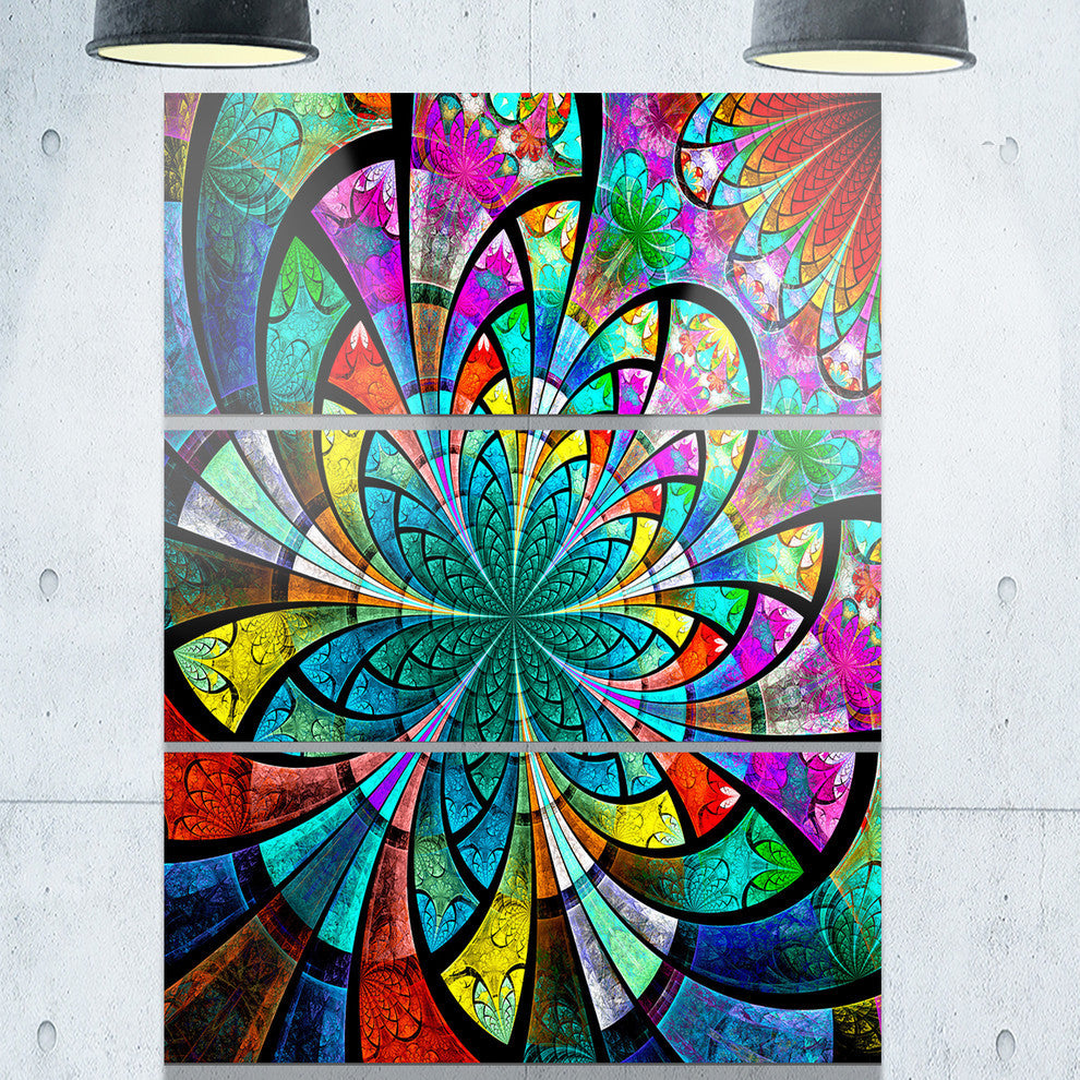 "Multi Color Fractal Flower Pattern" Metal Wall Art, 3 Panels, 28"x36"