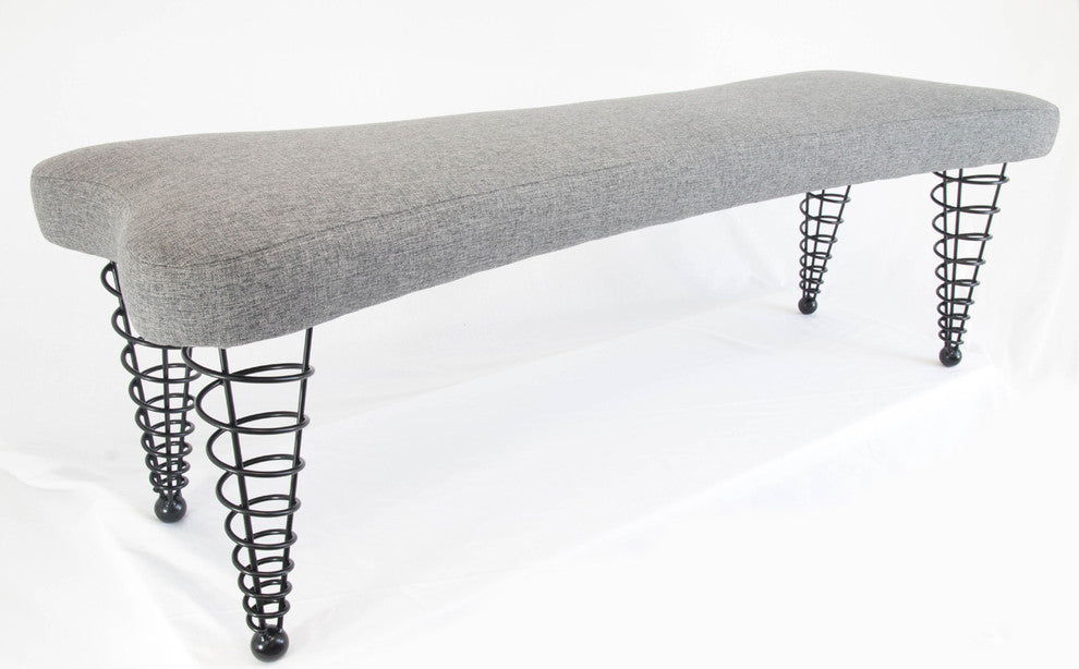 Modern Upholstered Bench from Spiral Cone Legs, Grey Tweed, 59-Inch