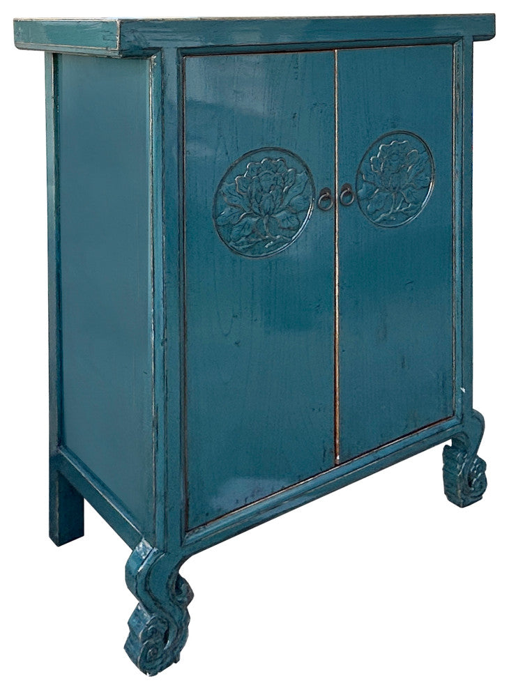 Distressed Teal Blue Lotus Carving Tall Credenza Storage Cabinet