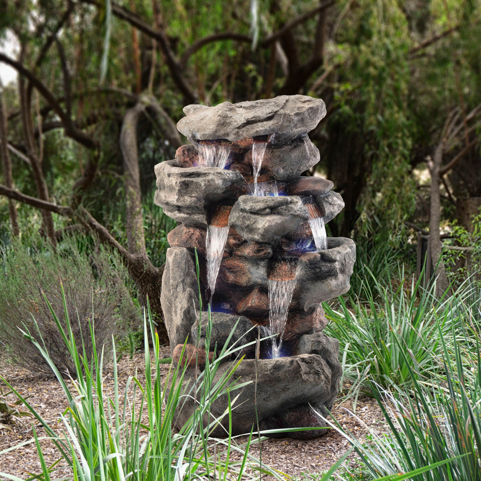 52" Tall Outdoor 5-Tier Rainforest Rock Water Fountain with LED Lights