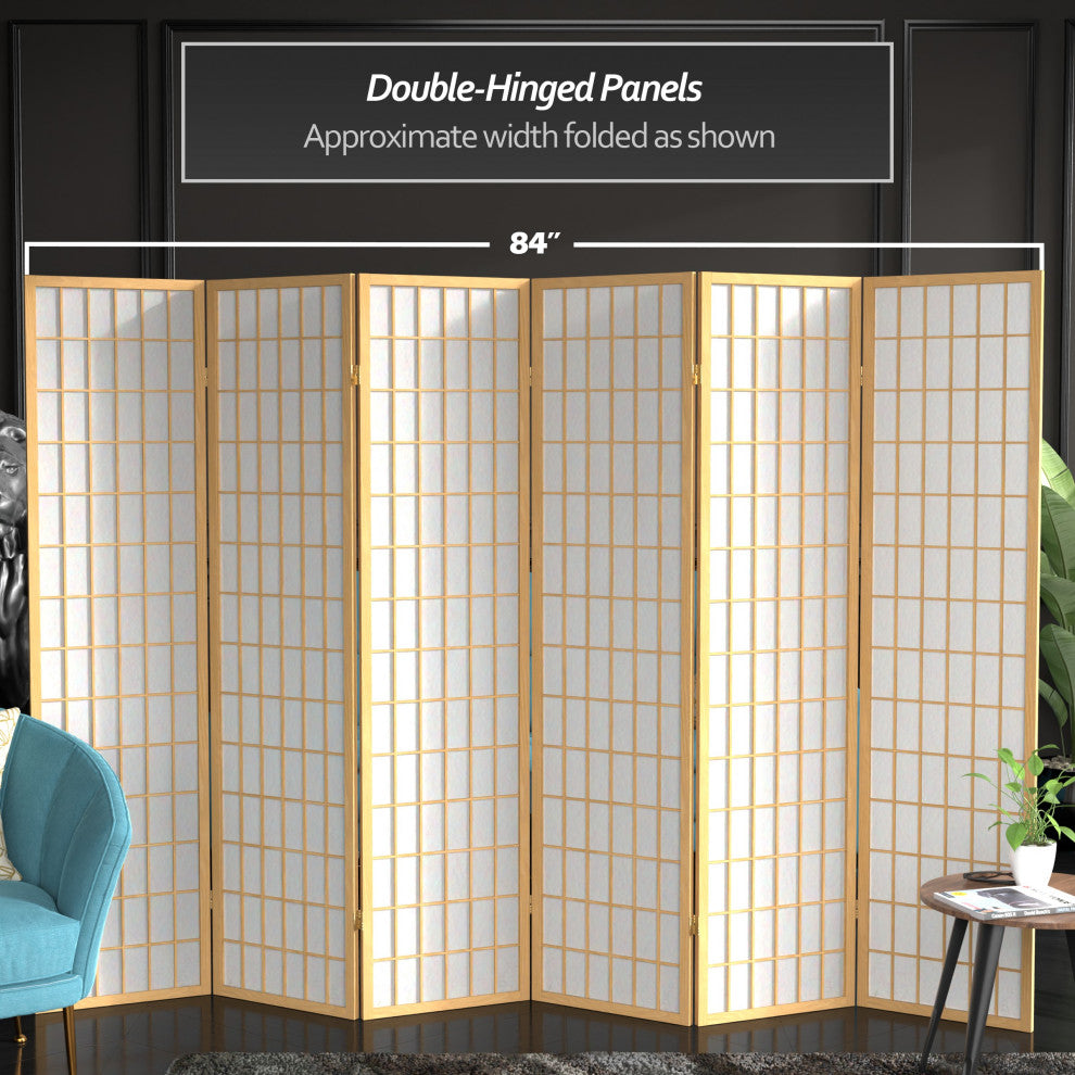 6' Tall Window Pane Shoji Screen, Natural, 6 Panels