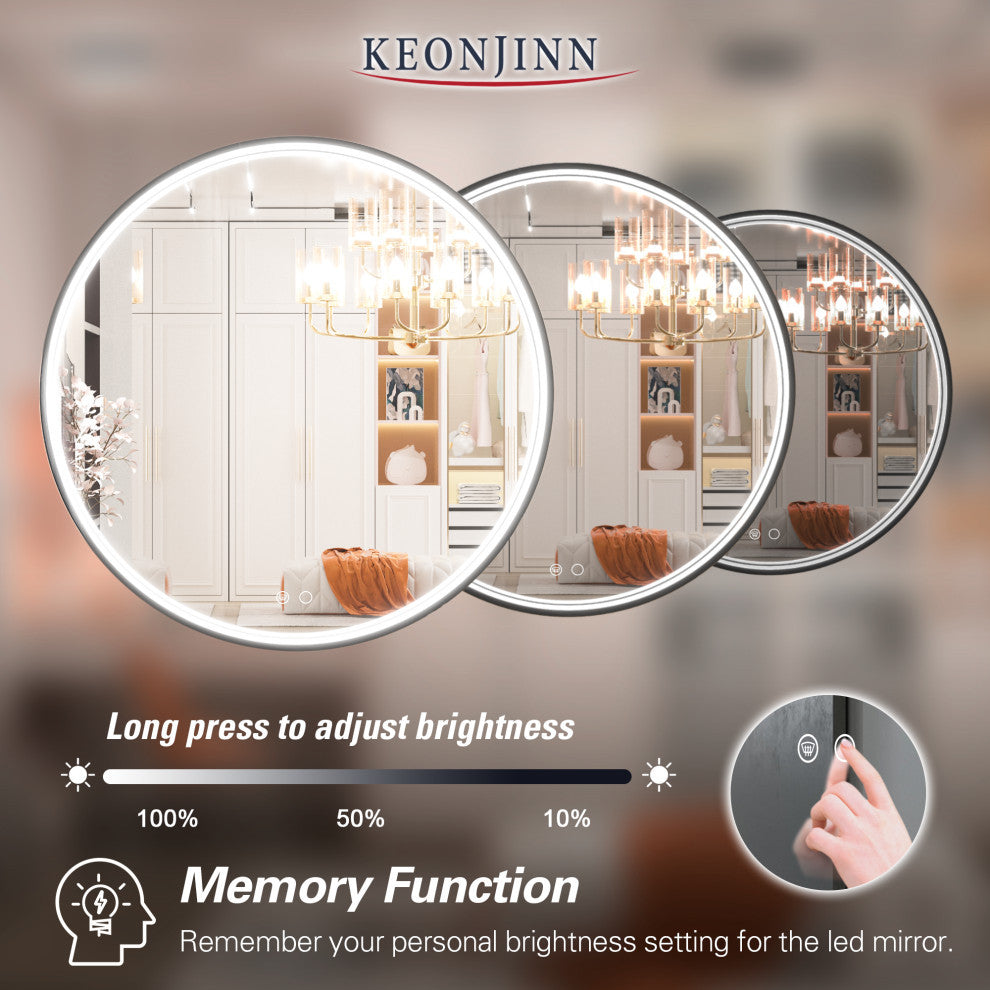 Metal Framed Round LED Vanity Mirror Anti-Fog Wall Mount Makeup Mirror, 24"