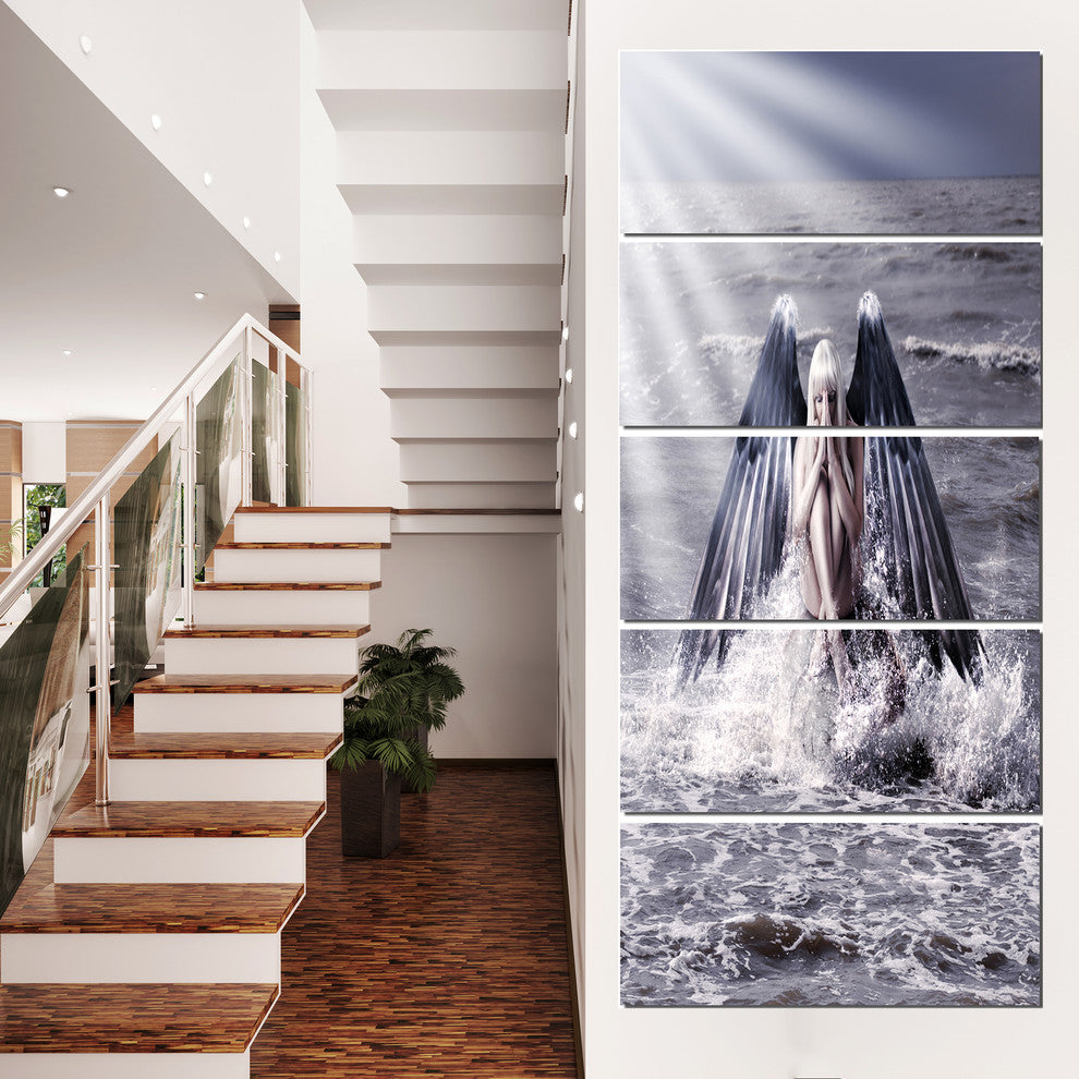 "Woman With Dark Angel Wings" Modern Beach Canvas Art Print, 5 Panels, 28"x60"