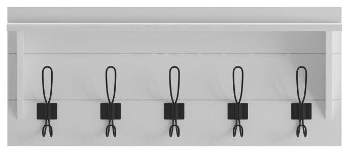 Daly Wall Mounted Solid Pine Wood Storage Rack With Upper Shelf and 5 Hooks, Solid White