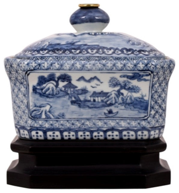 Blue and White Porcelain Candy Box Table Lamp Blue Willow 15"