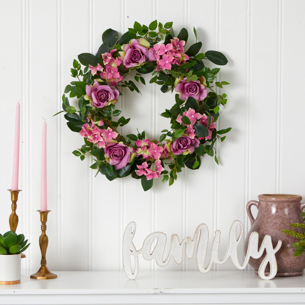 22" Pink Hydrangea and Rose Artificial Wreath