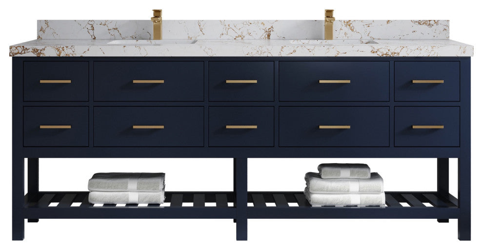 Parker 84" Double Sink Bath Vanity, Navy Blue 2" Viola Gold