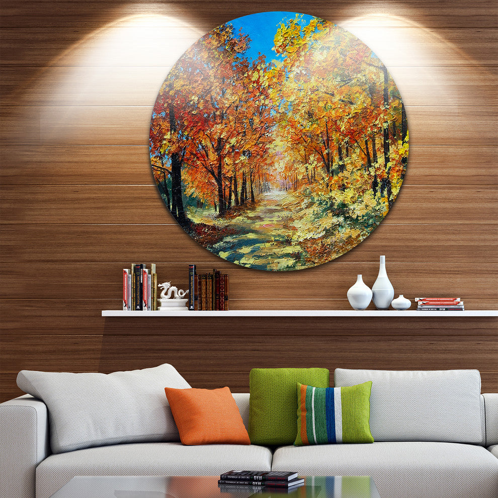 Bright Day In Autumn Forest, Landscape Disc Metal Wall Art, 23"