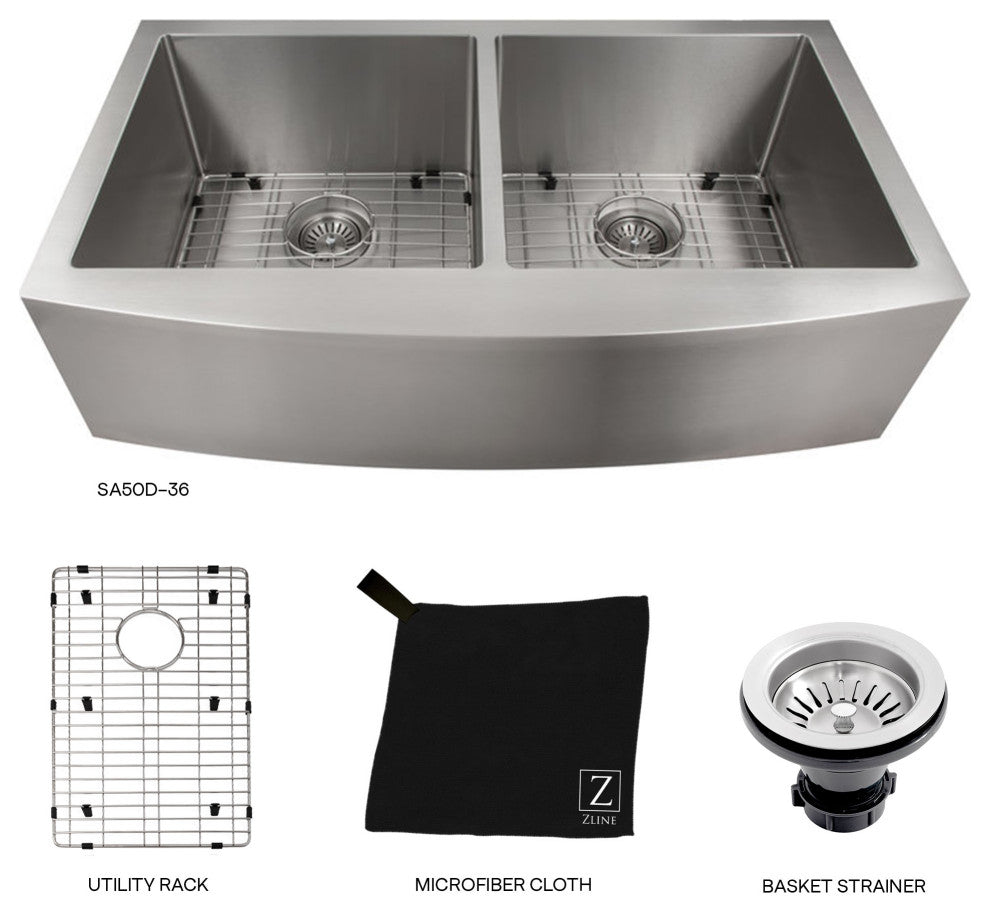 ZLINE Farmhouse Double Bowl Sink in Stainless Steel with Bottom Grid