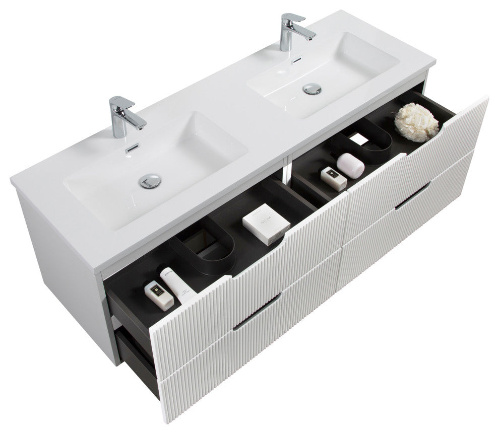 Themis Series White Wall Mount Vanity With A Integrated Sink, 60" Double