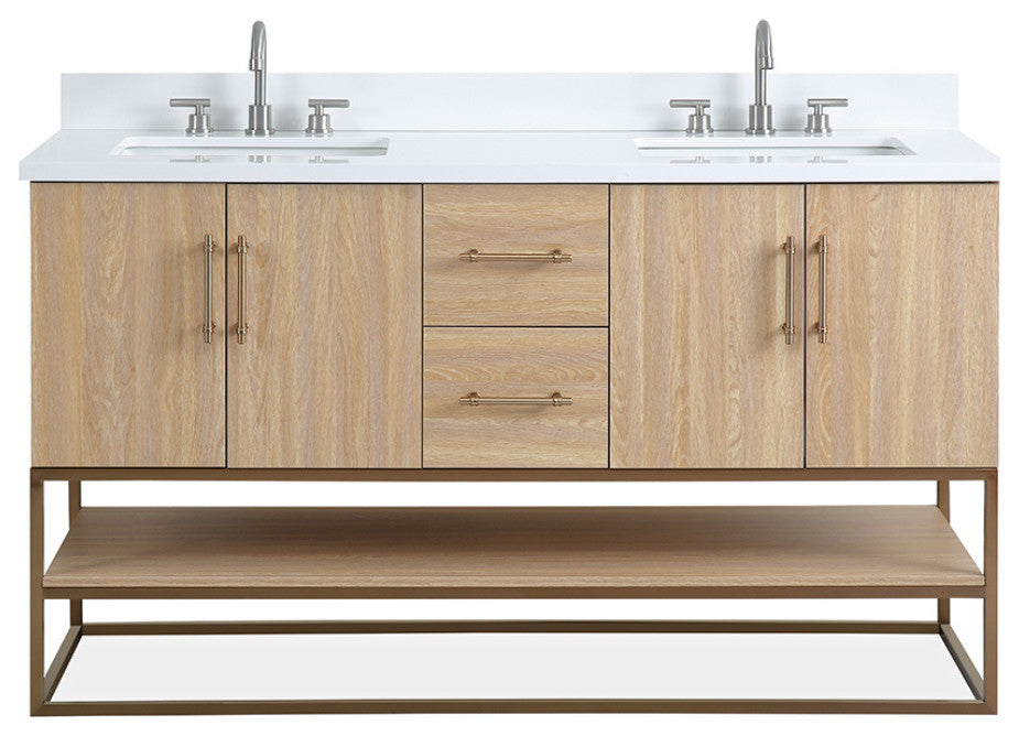 Light Oak Lima Bathroom Vanity With Open Shelf & Gold Leg Base, 60" Double Sink