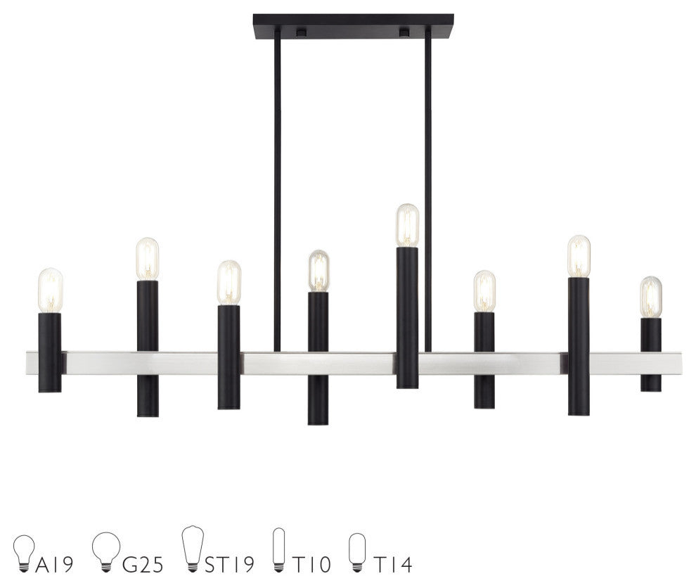 Helsinki 8-Light Black Extra Large Linear Chandelier with Brushed Nickel Accents