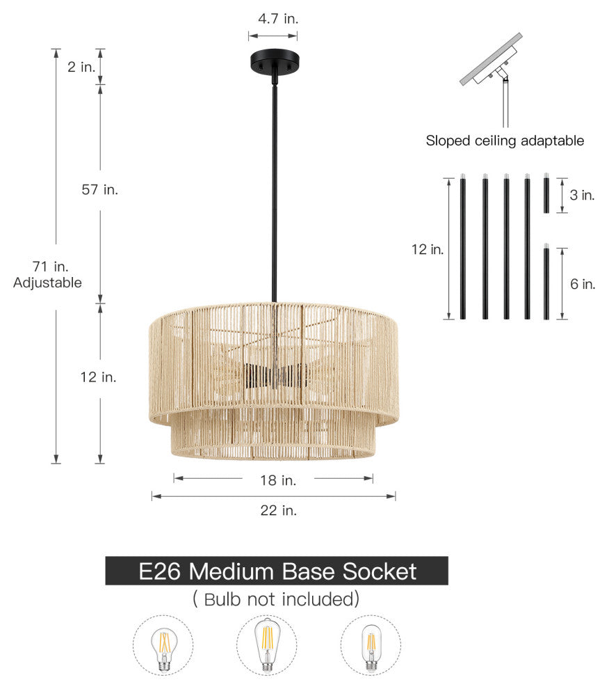 22" W 4-Light Rattan Tiered Drum Chandelier Light With Black Canopy, Beige