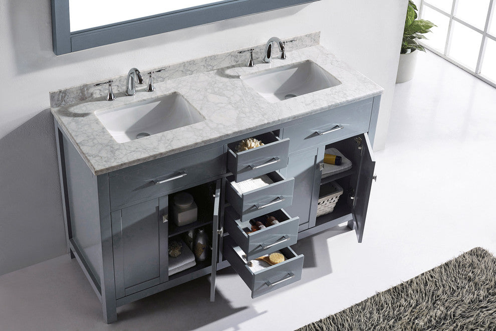 Caroline 60" Double Bathroom Vanity Set Gray, Marble Countertop